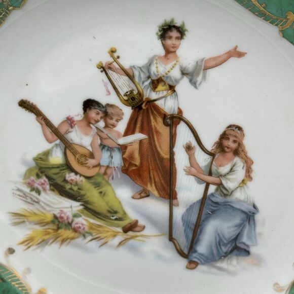 Vtg Unmarked Green Transferware Porcelain Heavenly Choir Decorative Plate Bowl - Picture 5 of 12